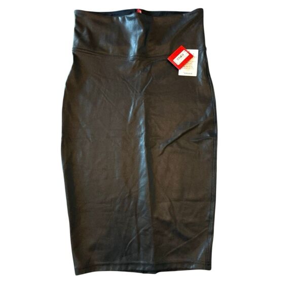 Spanx Tummy Control Wide Waist Faux Leather Pull-on Pencil Skirt Black Large NWT - Picture 1 of 6
